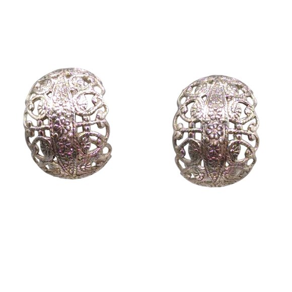 LH Segal Jewelry - Lacy Filigree Hoop Earrings Vintage Segal of California Silver Tone Clip On Hoop